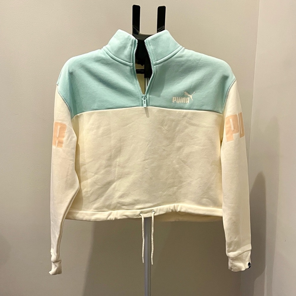 Puma Women's Teal and Cream Half-Zip Sweatshirt - Size Medium
